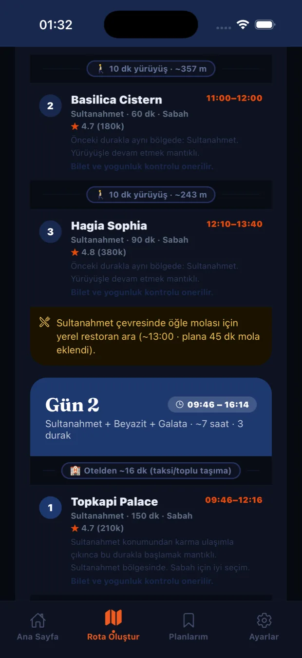 Rota Asistanı'nın günlük program ekranı — saat aralıklı duraklar, aralarındaki yürüme süresi ve mesafesi, otomatik eklenen 45 dakikalık öğle molası notu ve ikinci günün başlık kartı